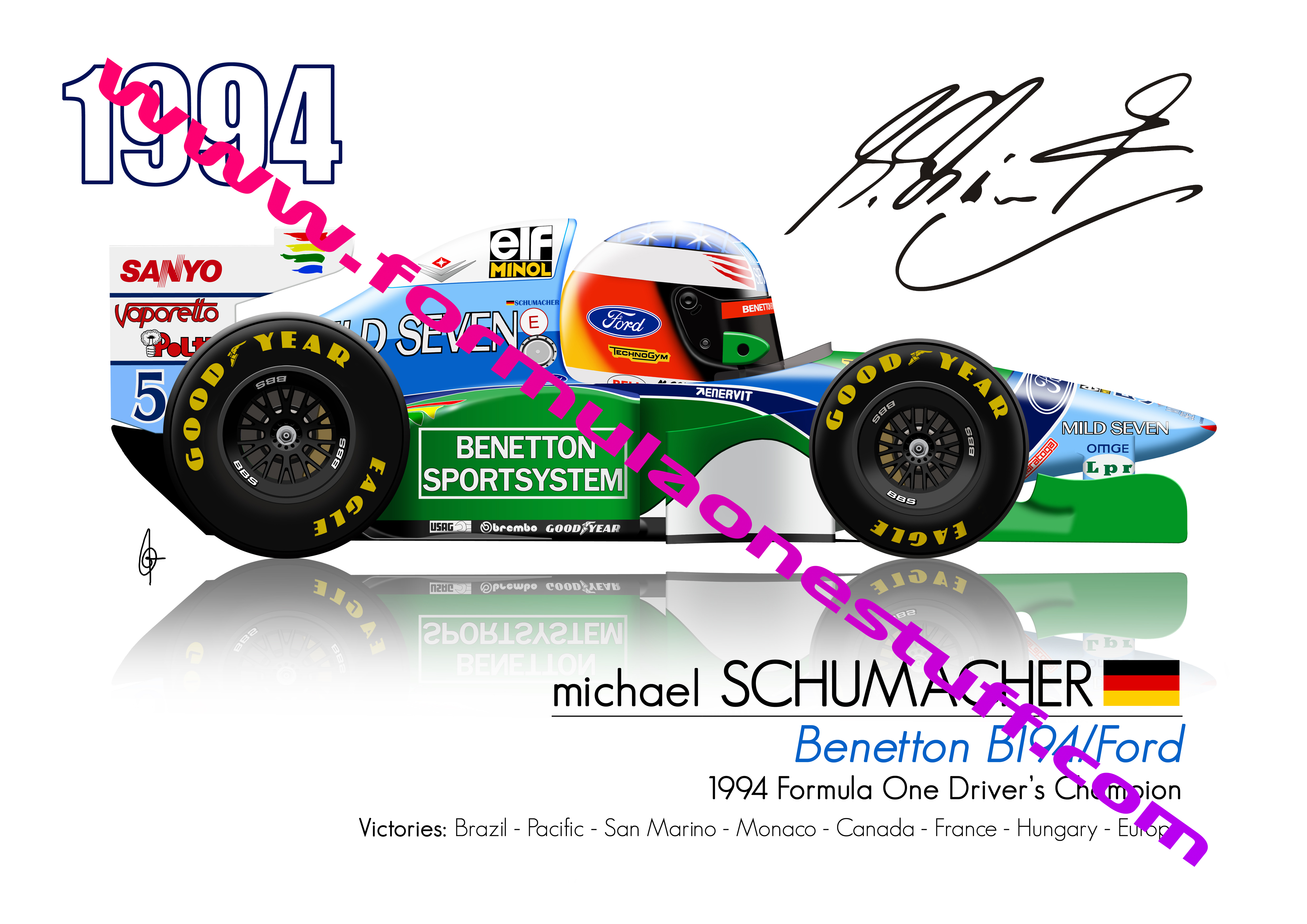 Signed TOONZ Benetton Michael Schumacher 1994 F1 driver cartoon poster – limited edition A3 satin print